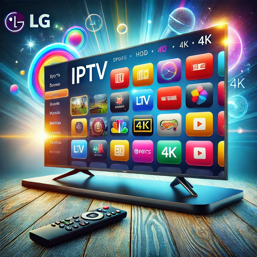 Een moderne digitale illustratie van een LG Smart TV die IPTV-streaming toont met een breed scala aan internationale kanalen in HD en 4K